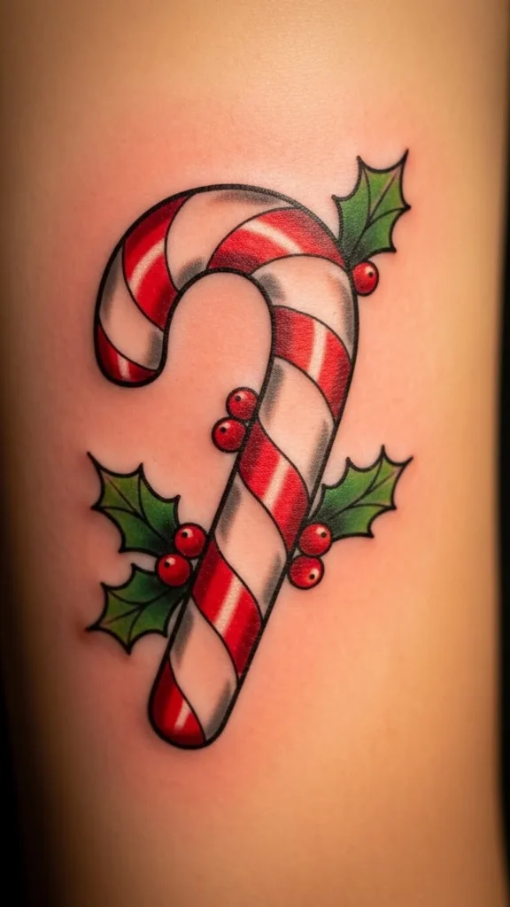 Candy Cane With Holly Leaves