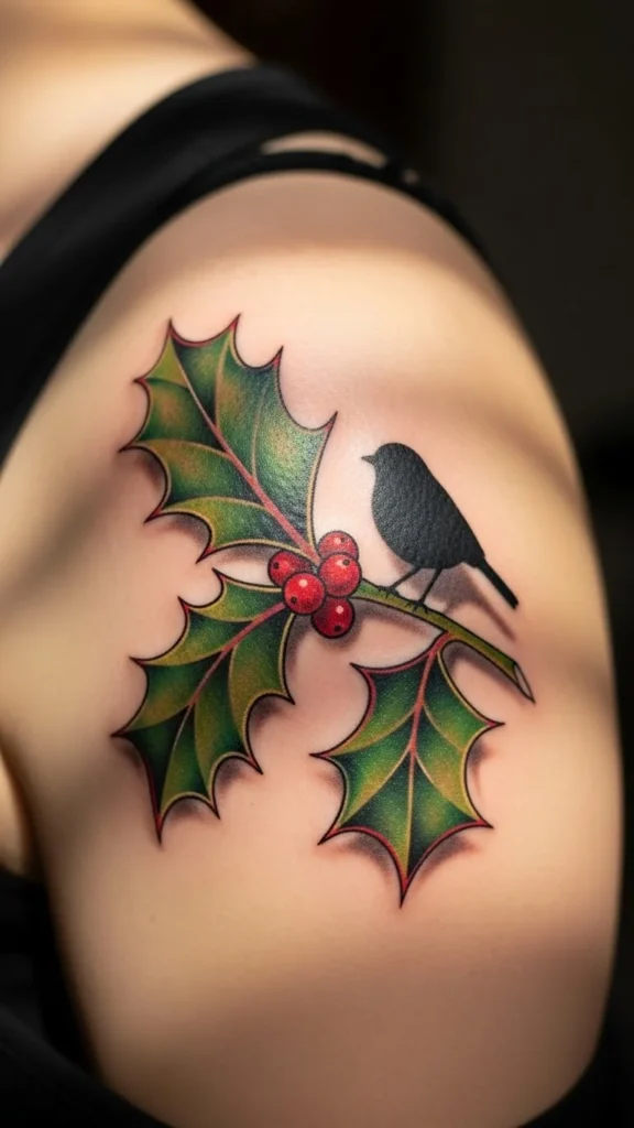 Holly Leaf and Bird Silhouette