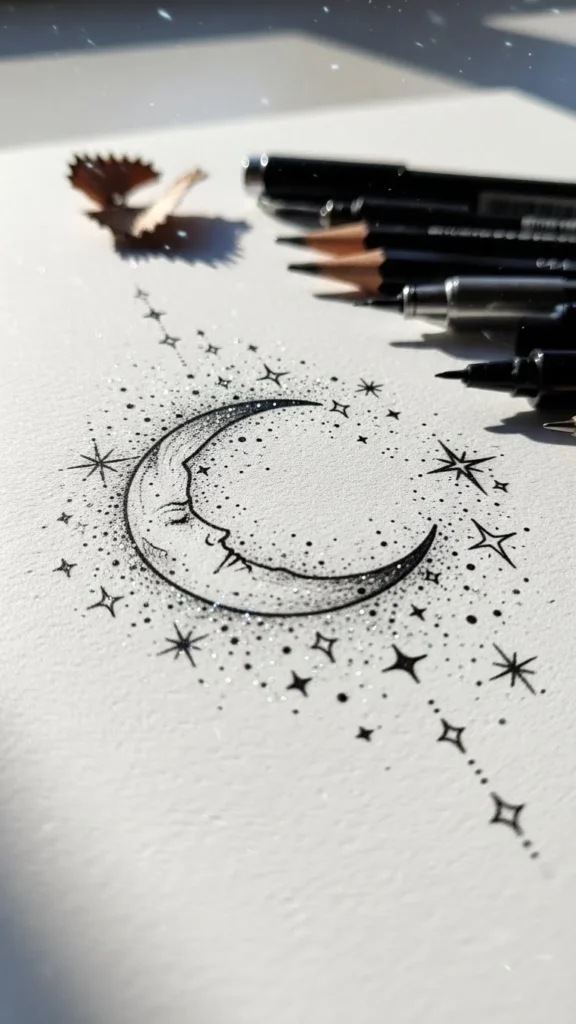 How to draw a Christmas moon tattoo