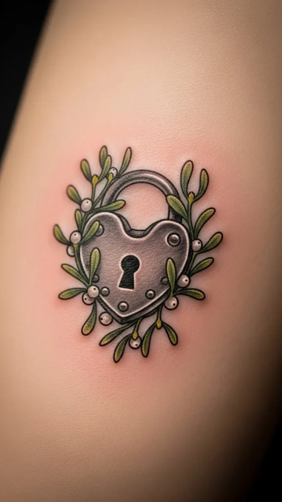 Mistletoe Heart Lock Tattoo