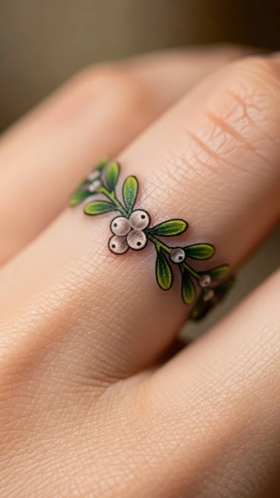 Mistletoe Ring Tattoo Around the Finger