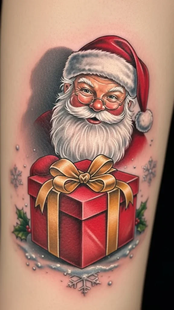 Santa Peeking from Behind a Gift Box