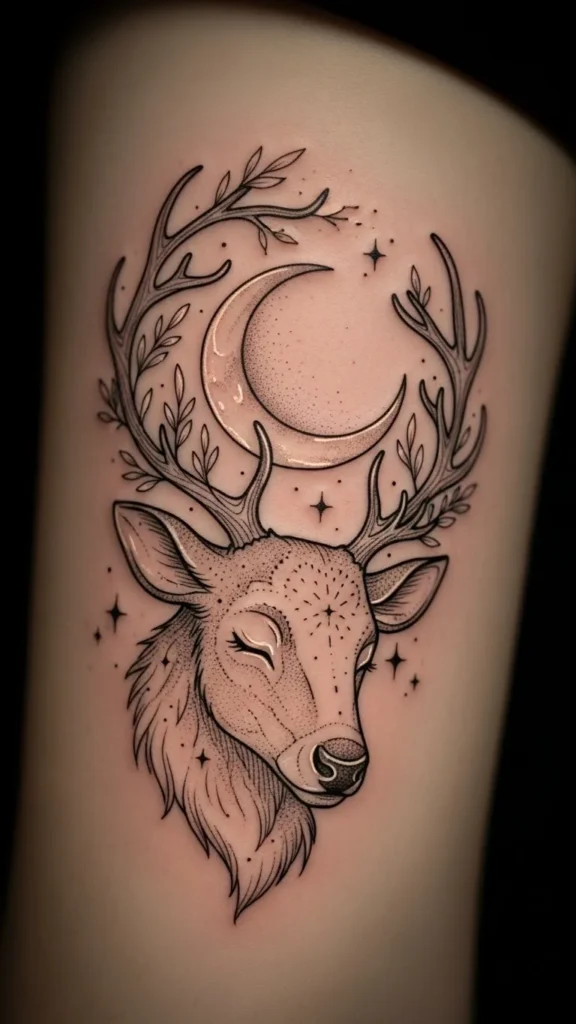 Sleeping Reindeer Head With Moon