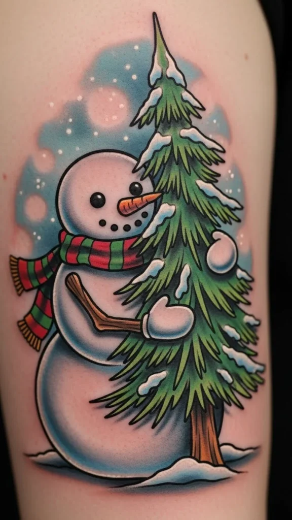 Snowman Hugging a Little Tree