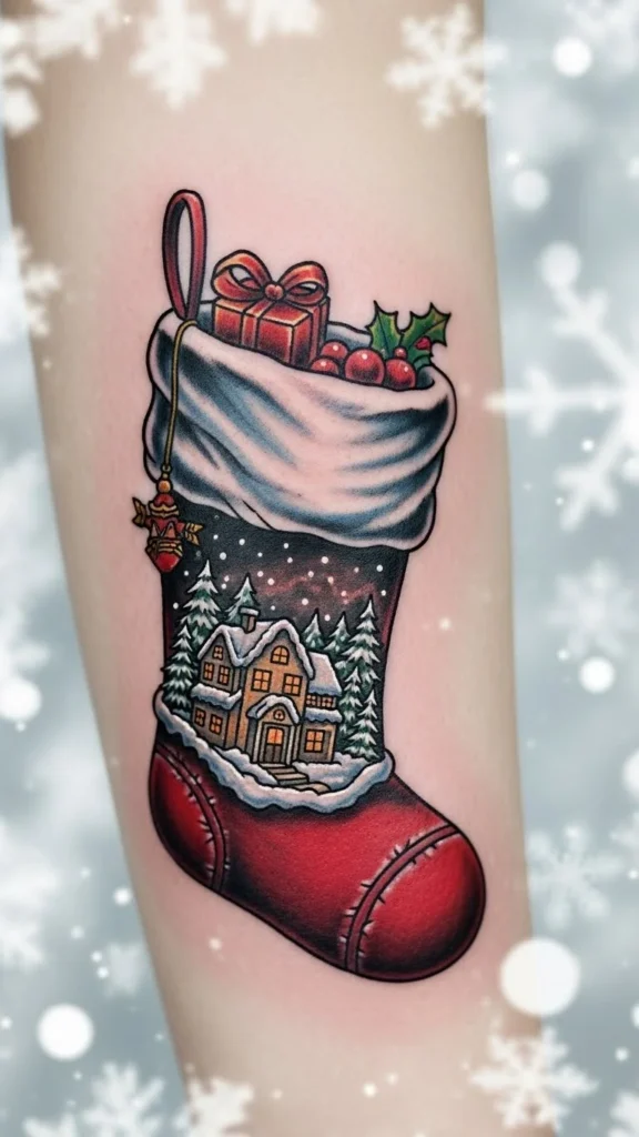 Snowy Village Scene Inside a Stocking