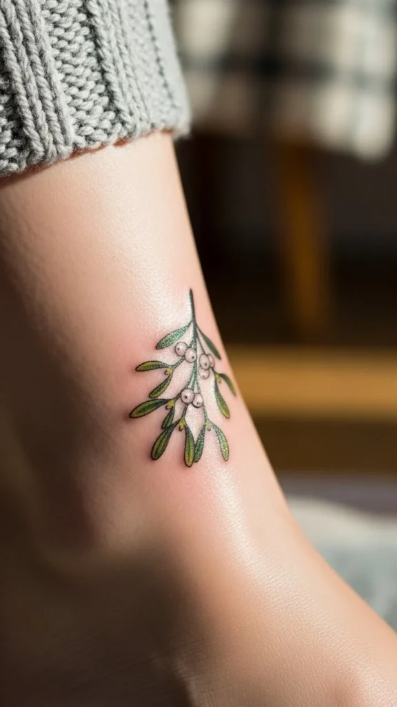 Tiny Mistletoe Ankle Tattoo