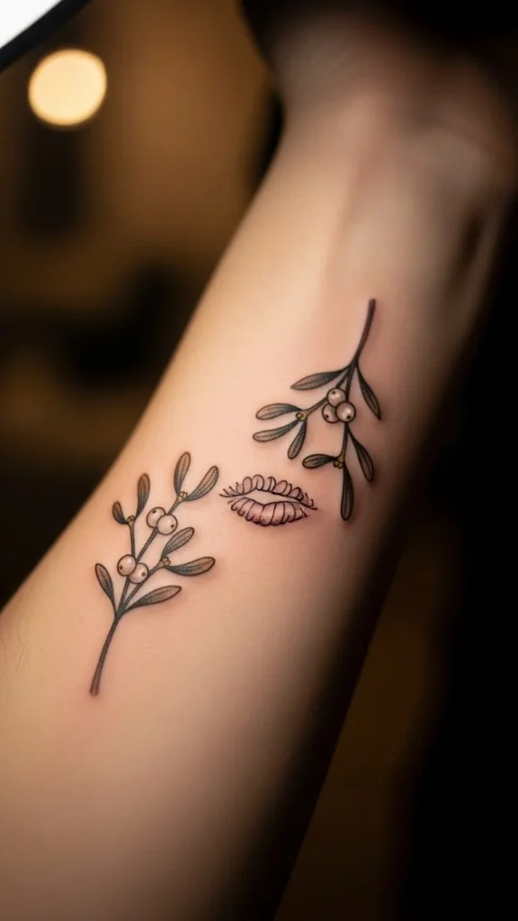 Two Mistletoe Sprigs Forming a Kiss Shape