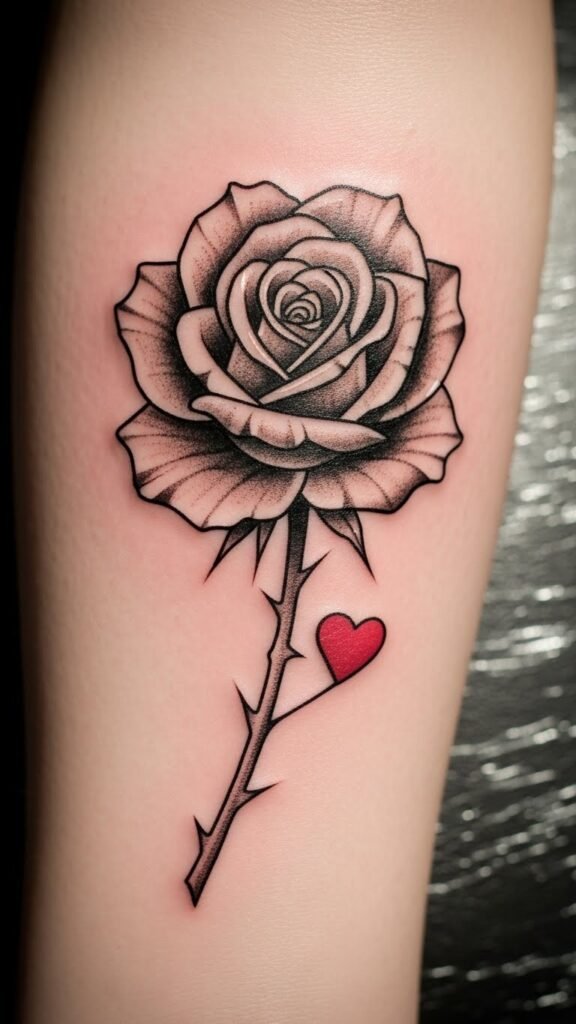 Black Rose with Red Heart Detail