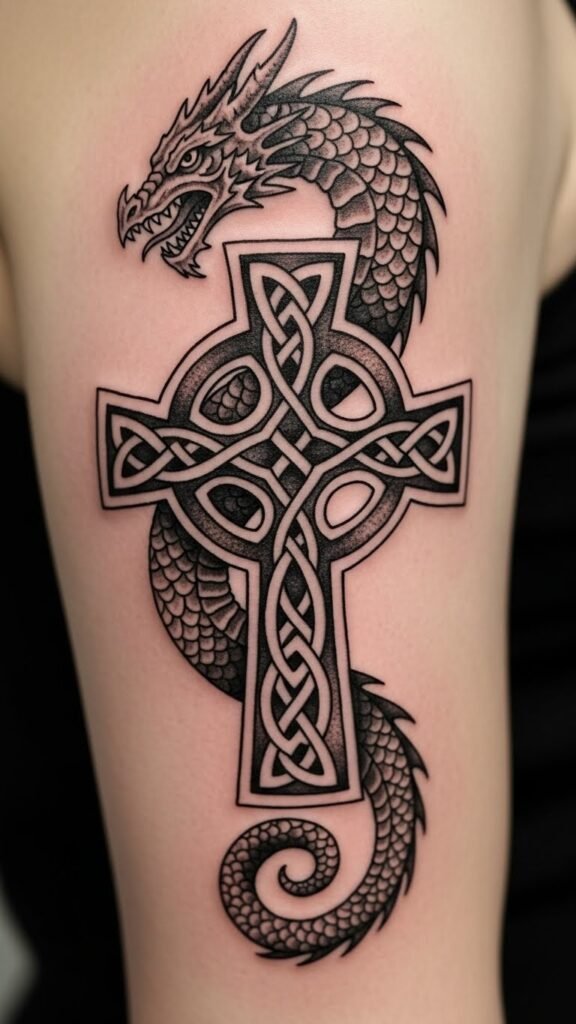 Celtic Dragon and Knot Cross Fusion