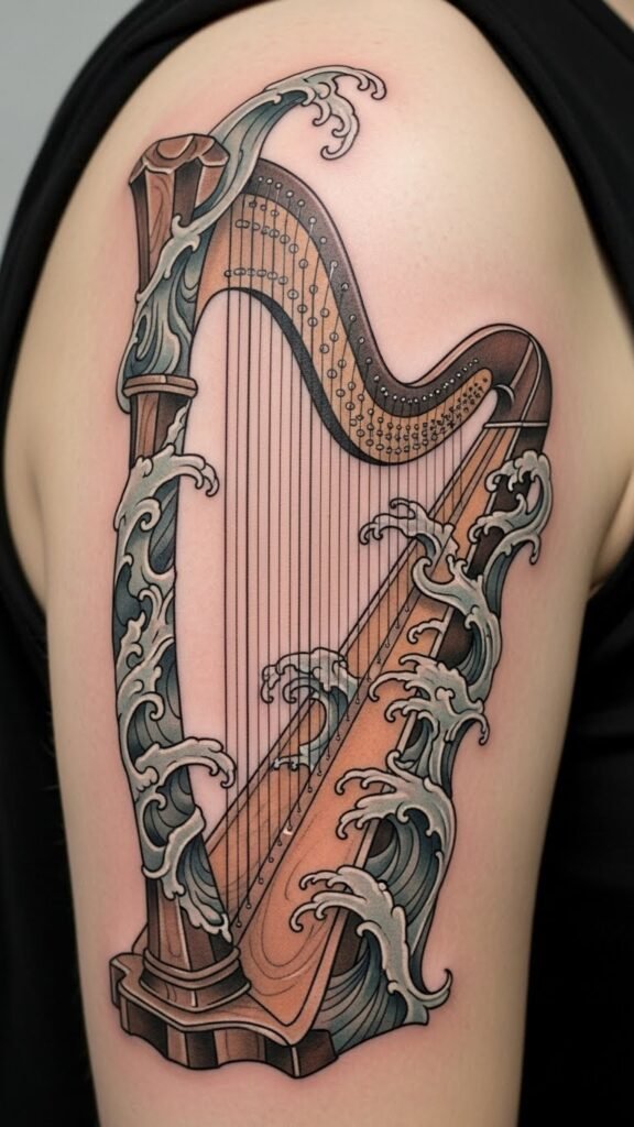 Harp With Irish Wave Curves