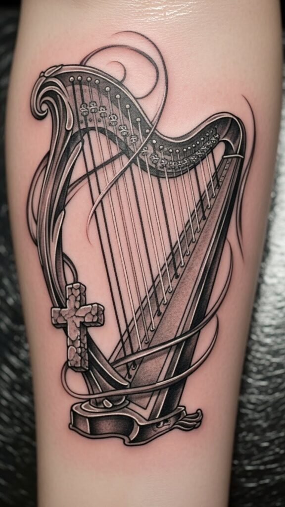 Harp With Stone Cross Accent