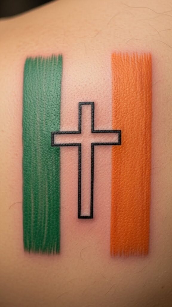 Irish Flag Behind Cross Outline