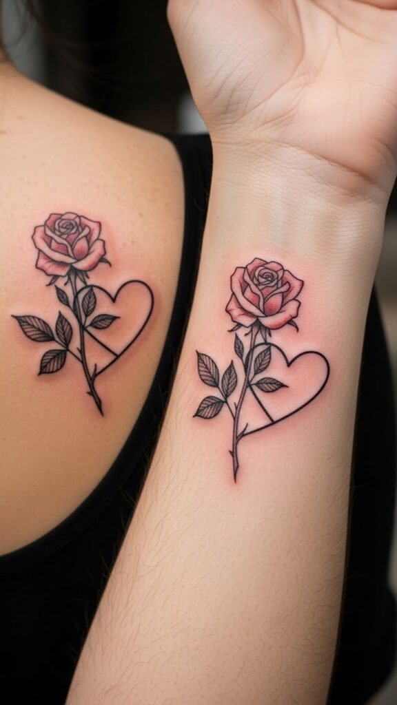 Matching Rose and Heart Pair Tattoos