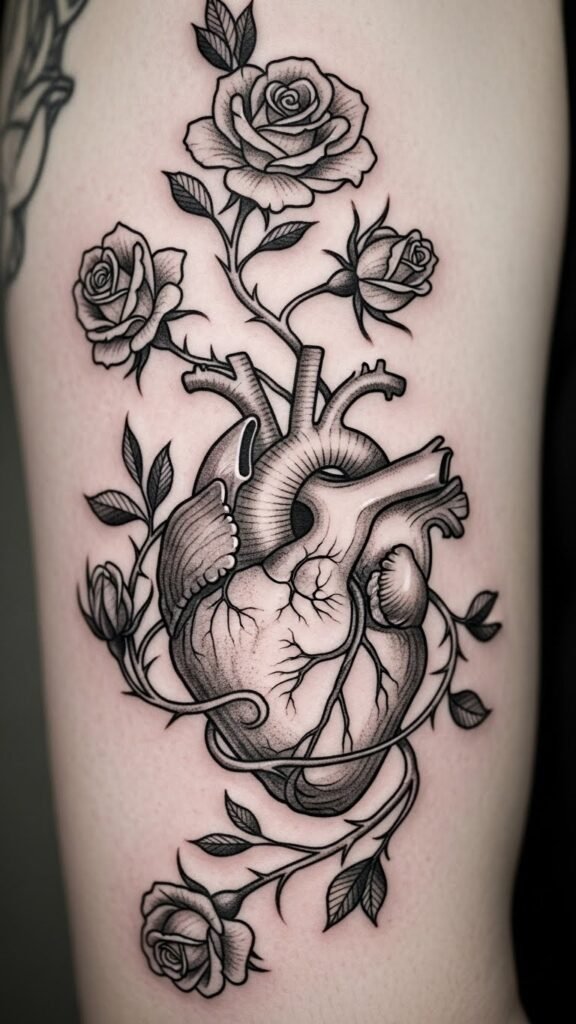 Rose Wrapped Around Anatomical Heart