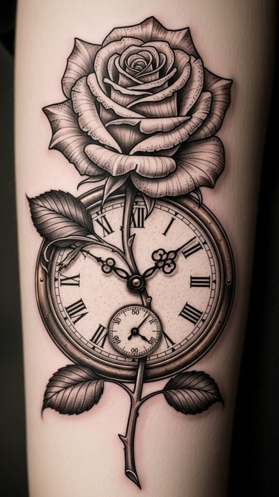 Rose and Clock Tattoo