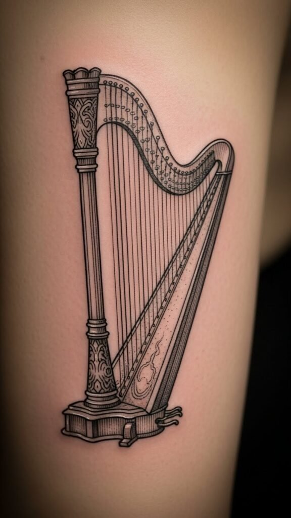 Vintage Engraving Style Harp
