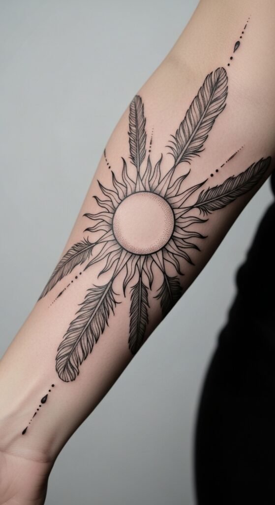 Sun and Feathers Tattoo