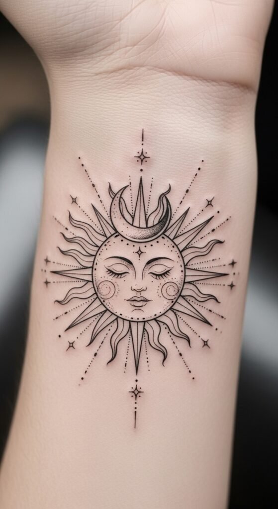 Celestial Sun with Crescent Moon