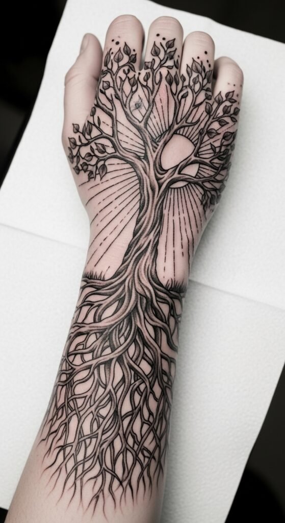 Sun and Tree Tattoo