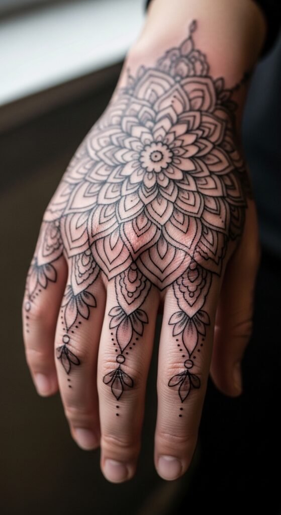 Mandala with Tiny Petals Around Fingers