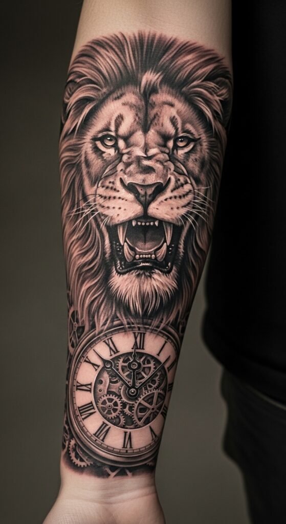 Lion and Clock Tattoo