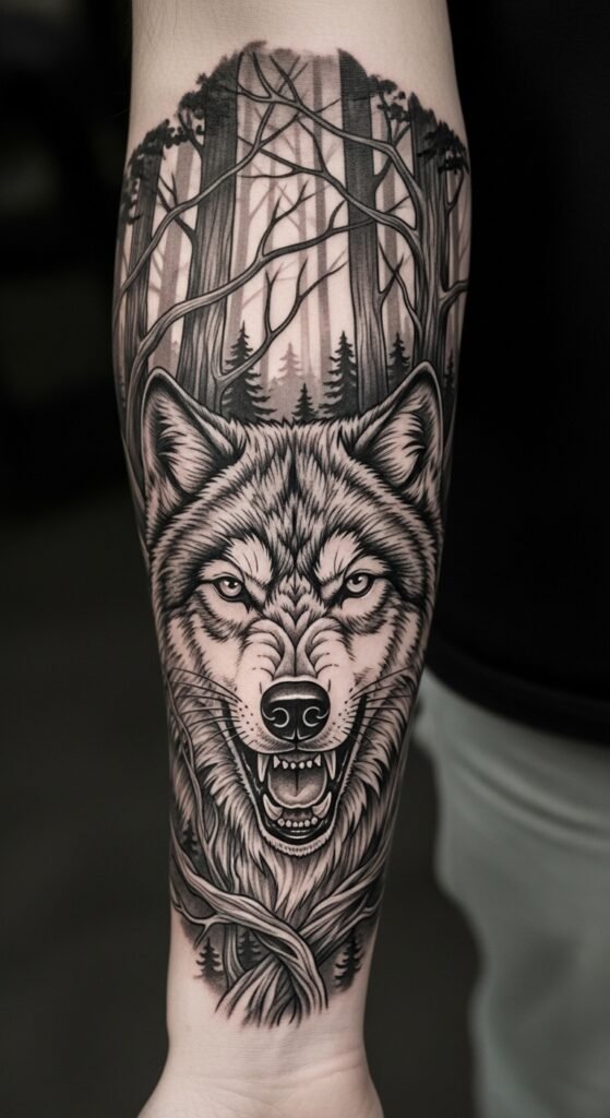 Wolf and Forest Tattoo