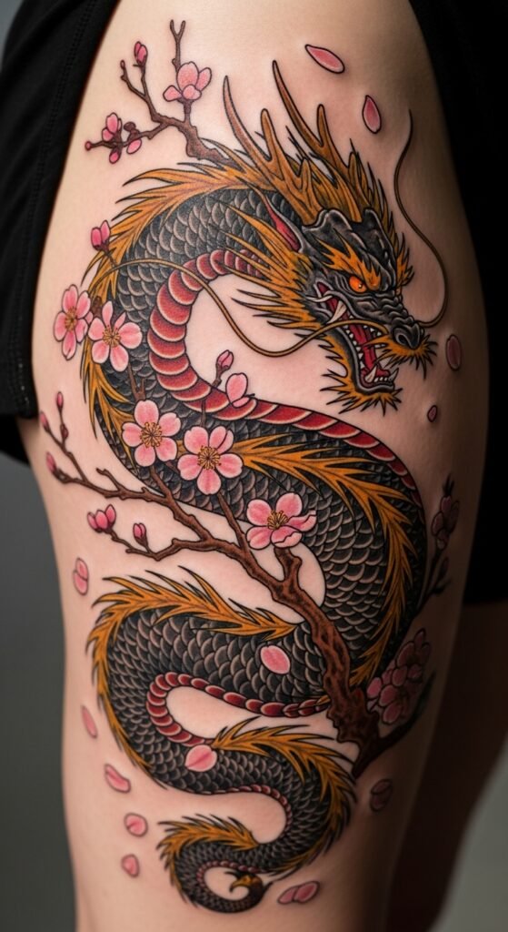 Dragon with Cherry Blossoms Tattoo
