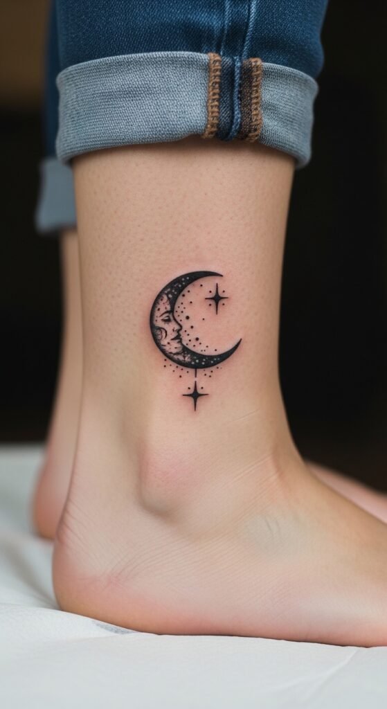 Crescent Moon with Stars Ankle Tattoo