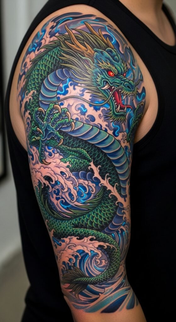 Dragon and Ocean Waves Tattoo