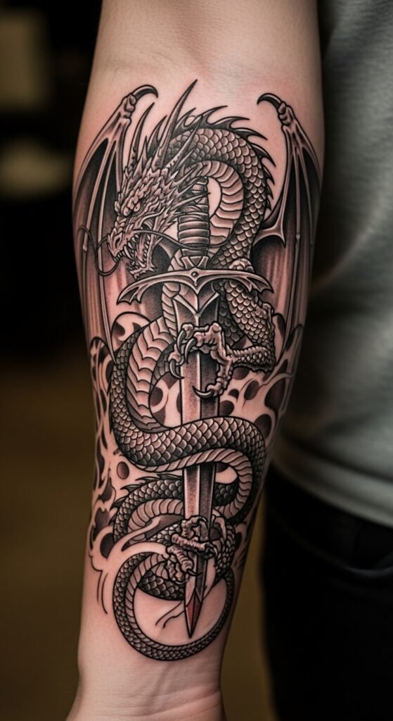 Dragon and Sword Forearm Tattoo