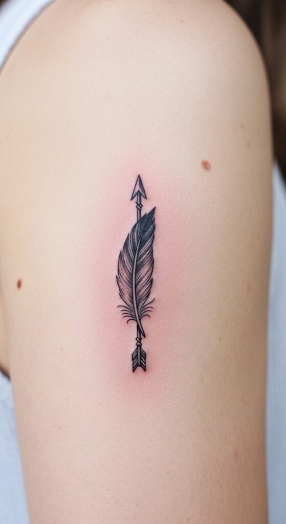 Tiny Feather and Arrow Tattoo