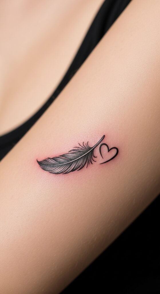 Tiny Feather and Heart Tattoo