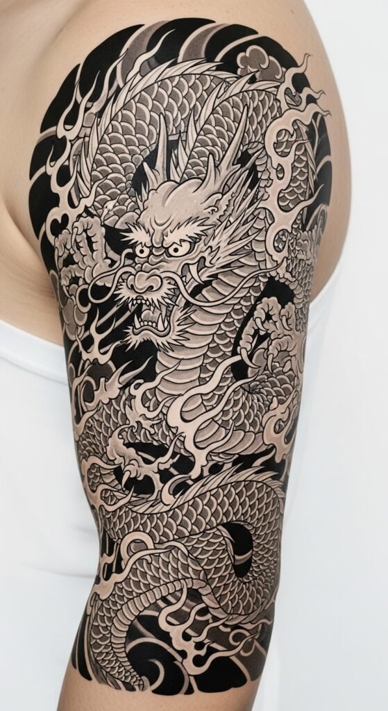 Traditional Japanese Dragon with Flames